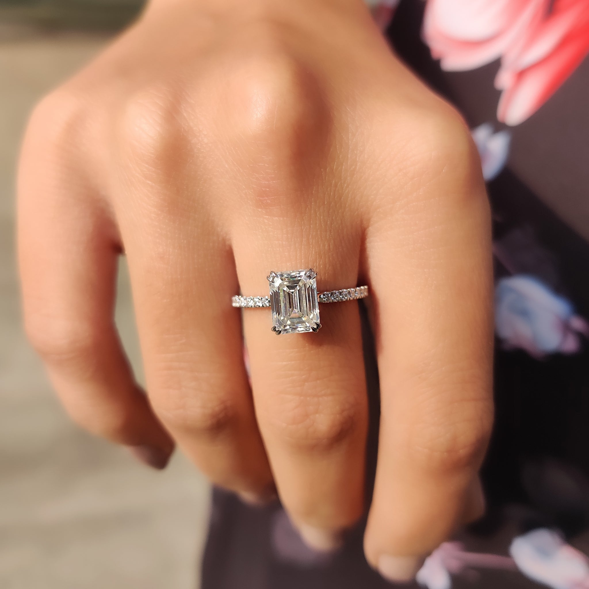 Emerald Cut Moissanite Under Halo Engagement Ring Secondary image