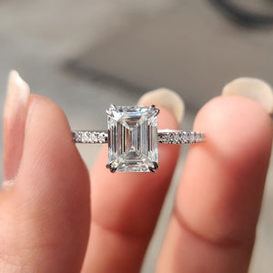Emerald Cut Moissanite Under Halo Engagement Ring