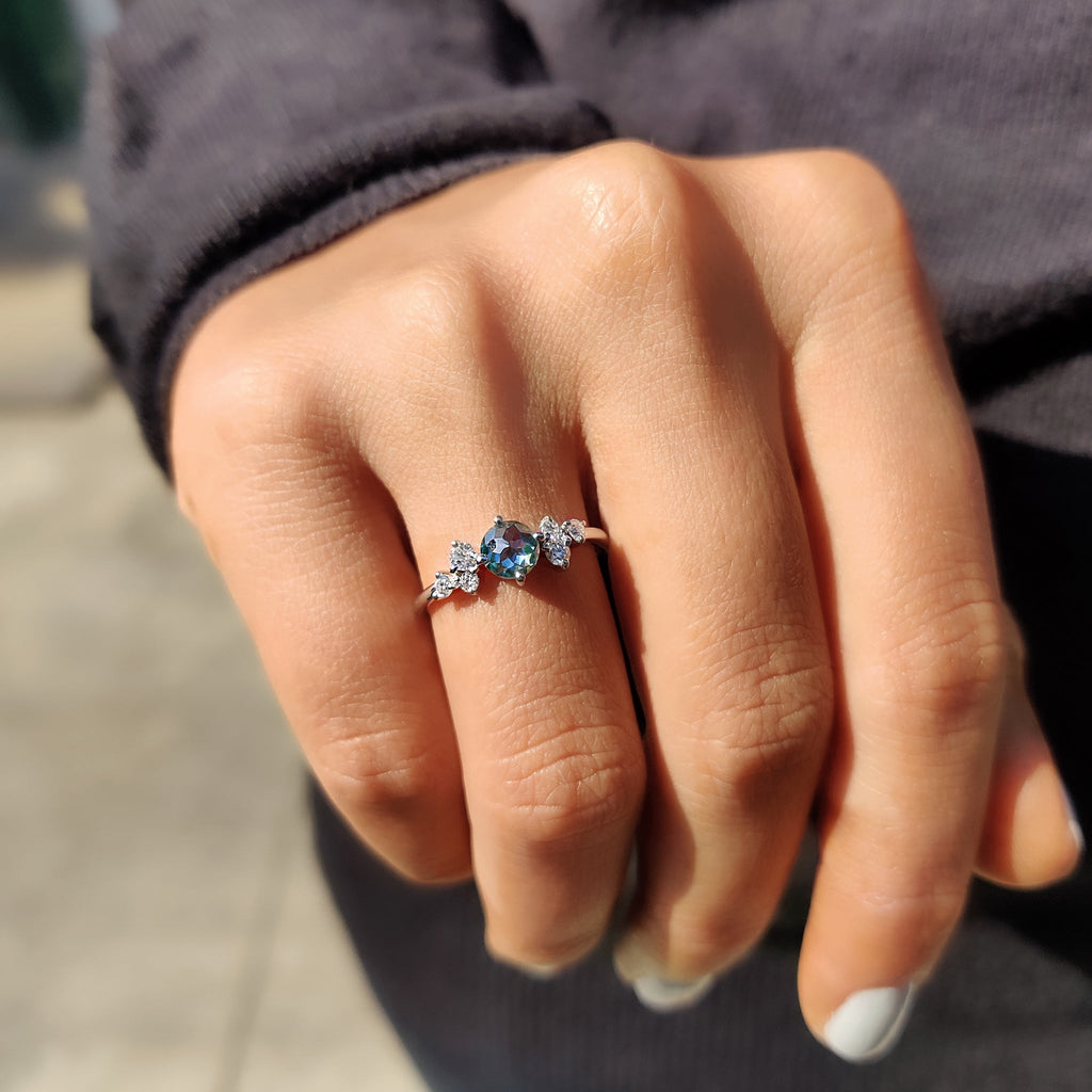 7 Stone Engagement Ring In Cyan Blue Round Rose Cut