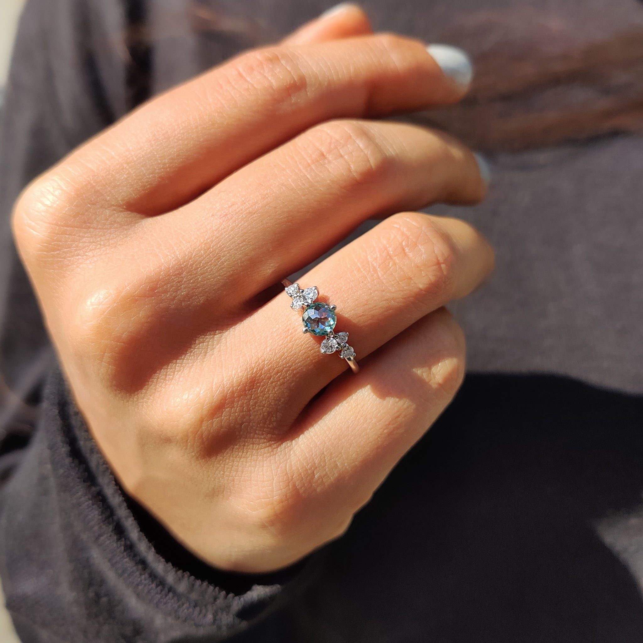 7 Stone Engagement Ring In Cyan Blue Round Rose Cut