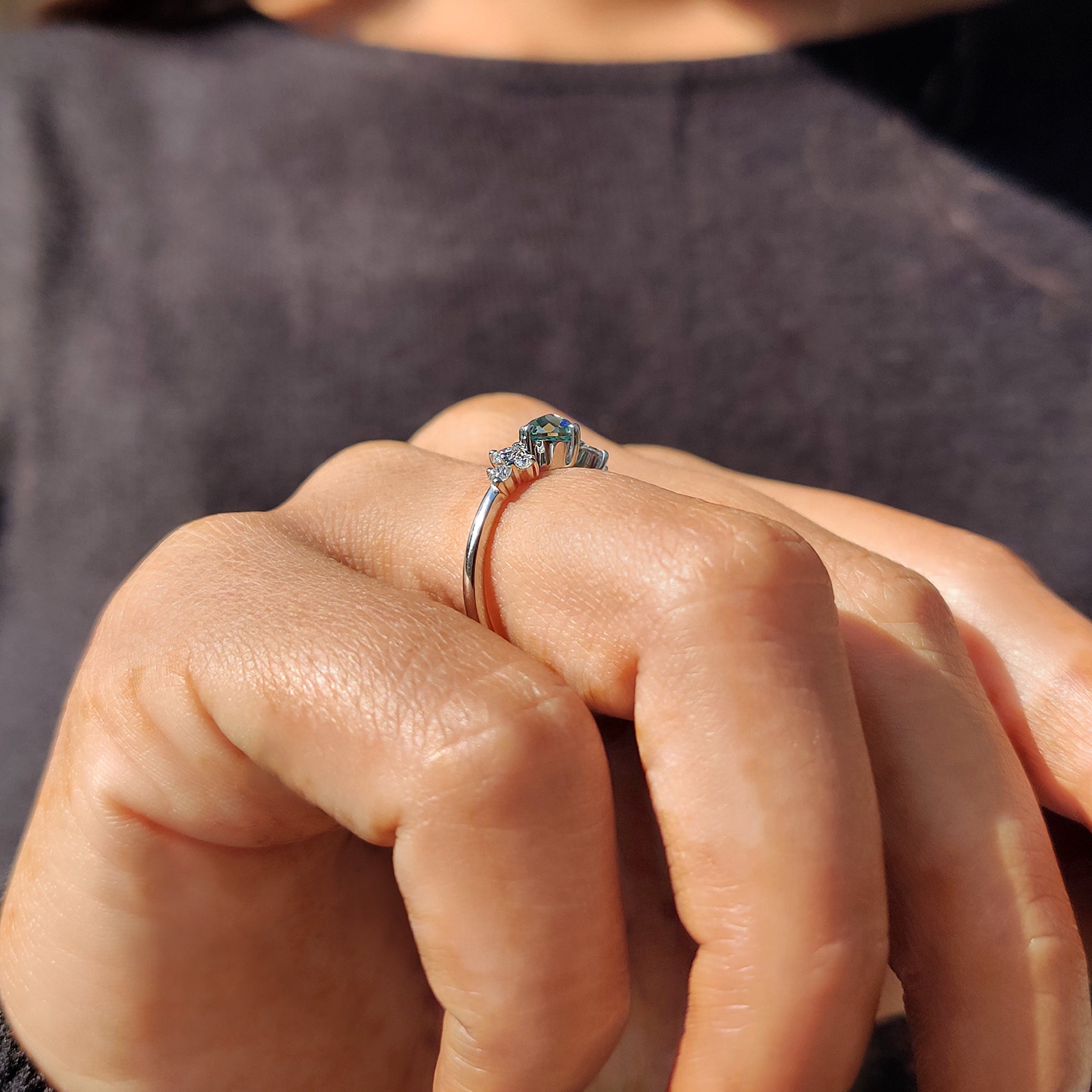 7 Stone Engagement Ring In Cyan Blue Round Rose Cut