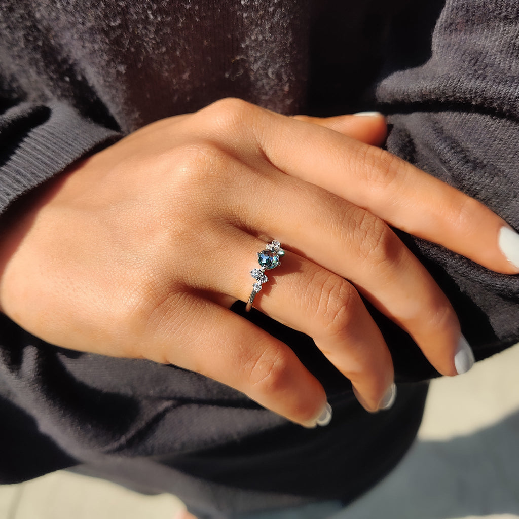 7 Stone Engagement Ring In Cyan Blue Round Rose Cut