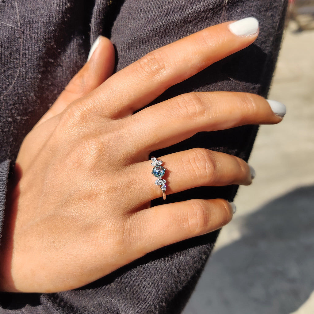 7 Stone Engagement Ring In Cyan Blue Round Rose Cut