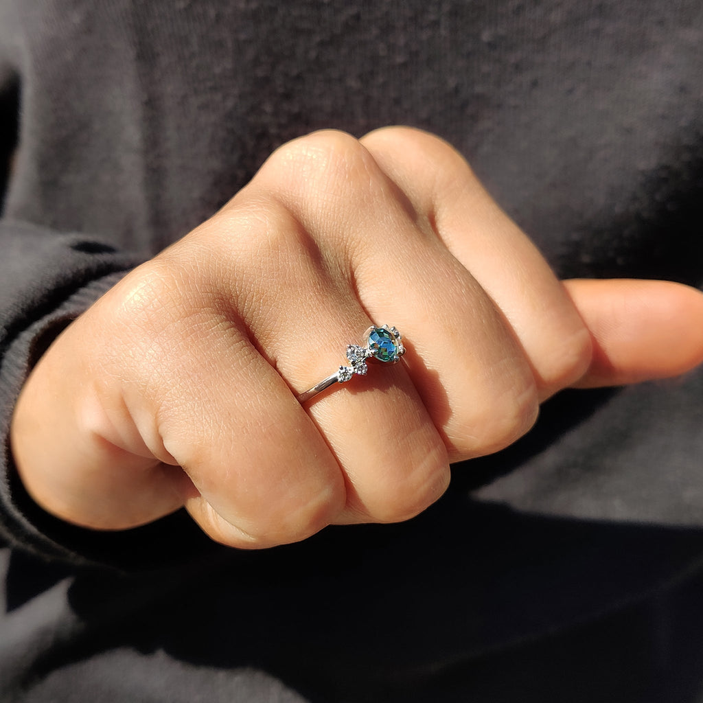 7 Stone Engagement Ring In Cyan Blue Round Rose Cut