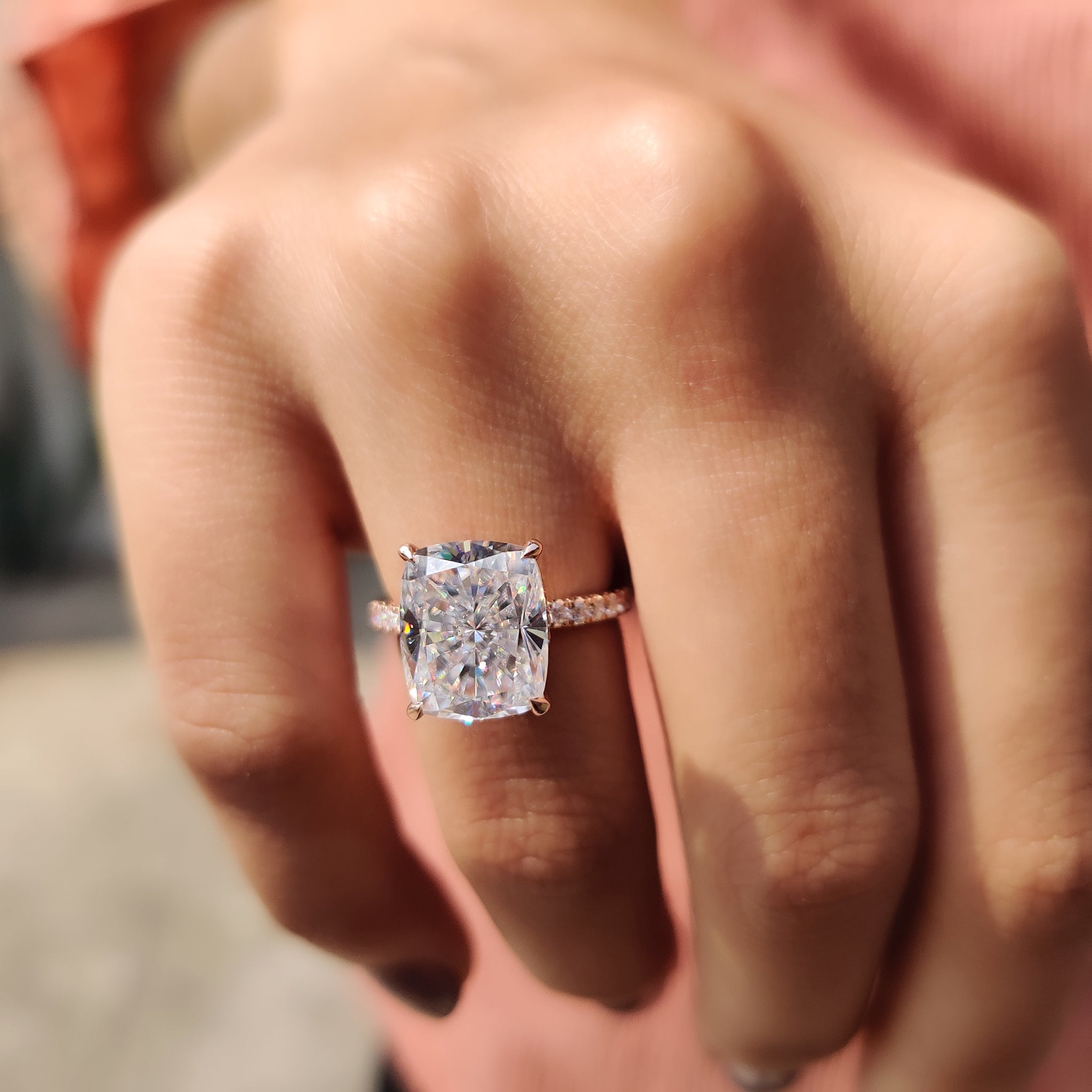 Cushion Cut Engagement Ring With Hidden Halo Setting