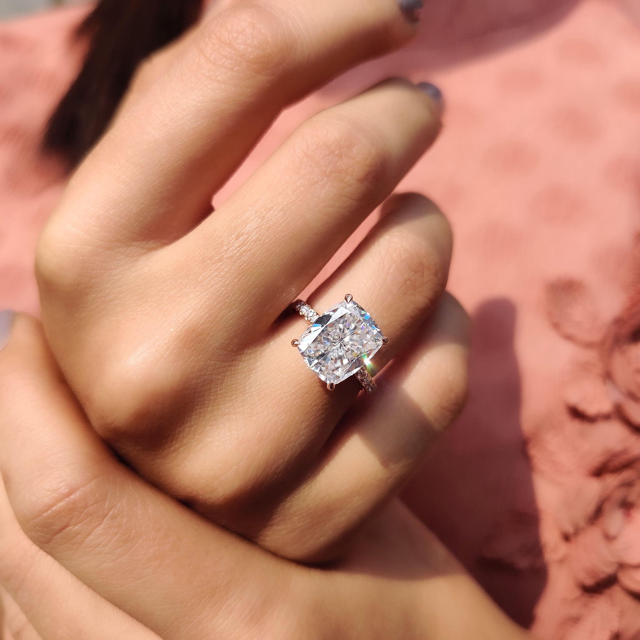 Cushion Cut Engagement Ring With Hidden Halo Setting