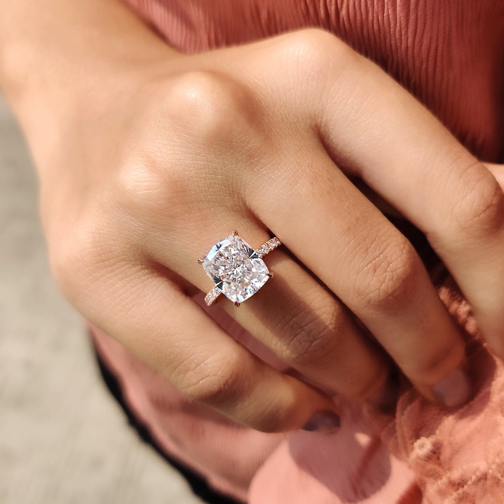 Cushion Cut Engagement Ring With Hidden Halo Setting
