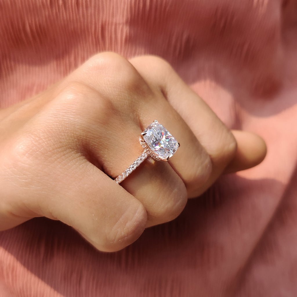 Cushion Cut Engagement Ring With Hidden Halo Setting