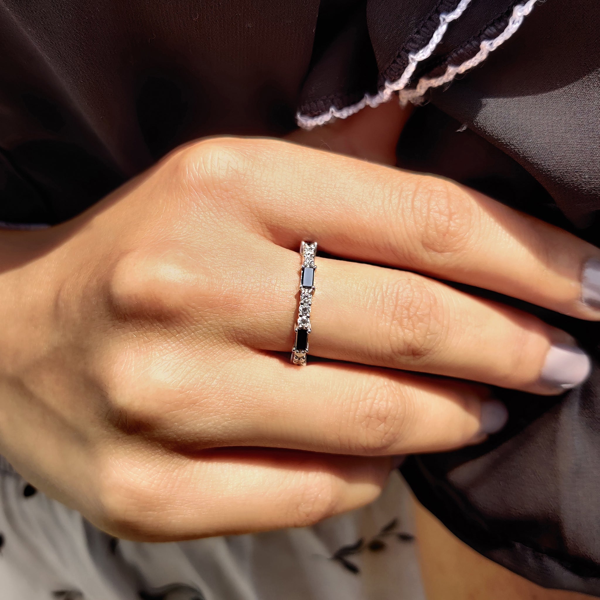 Black Baguette And Round Wedding Band In Full Eternity Style