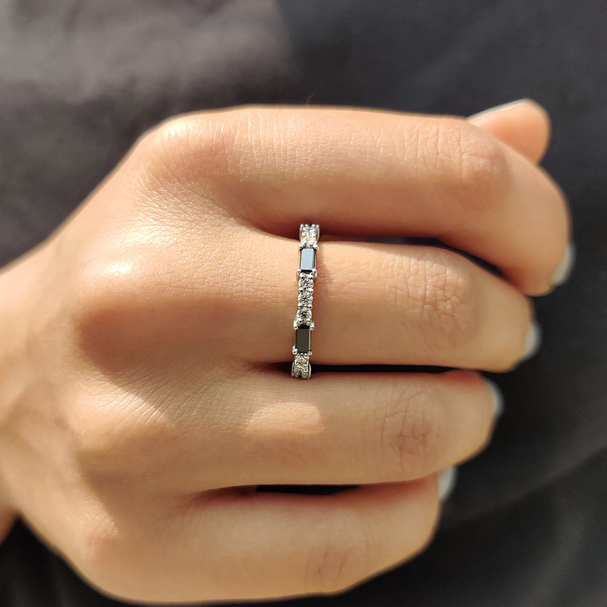 Black Baguette And Round Wedding Band In Full Eternity Style