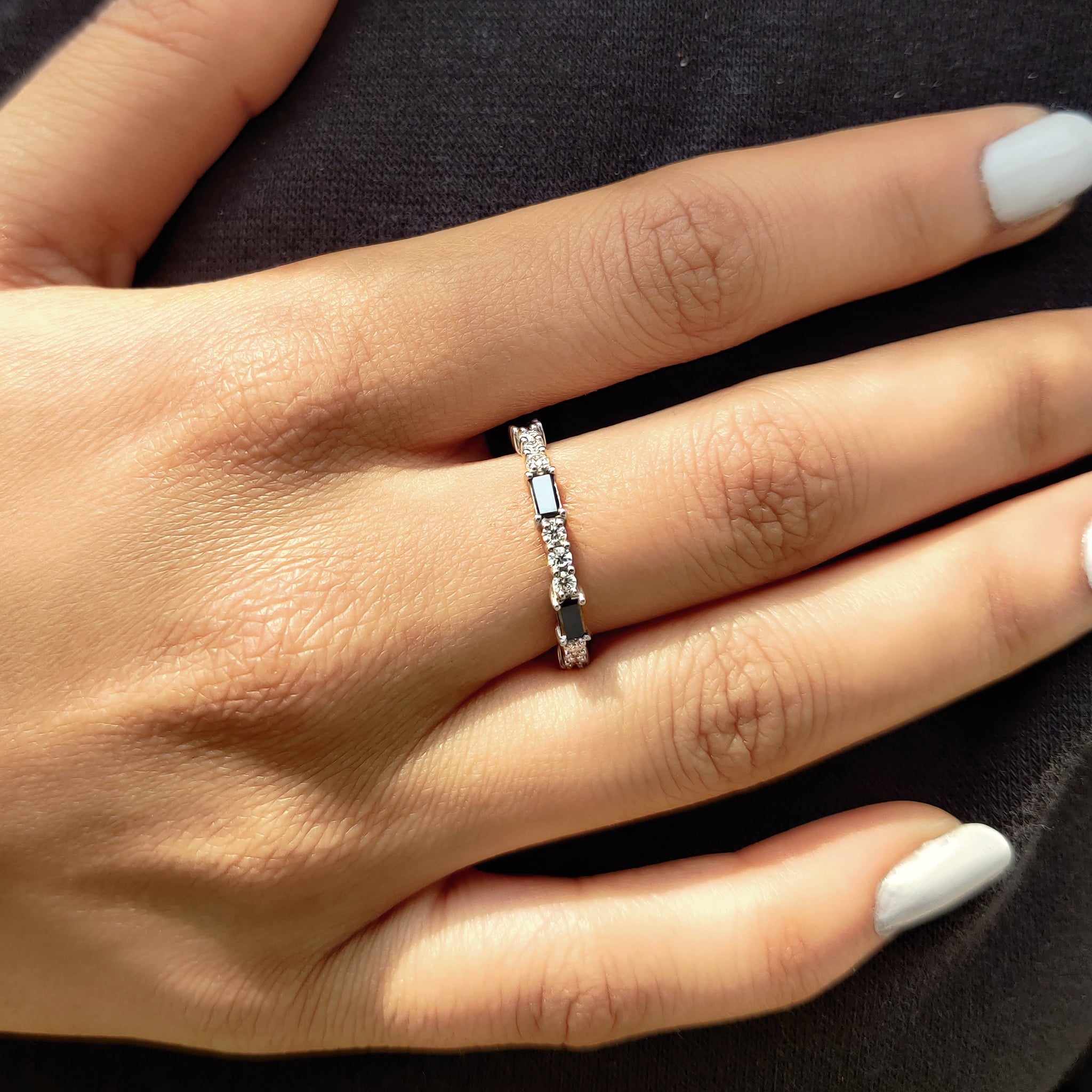 Black Baguette And Round Wedding Band In Full Eternity Style