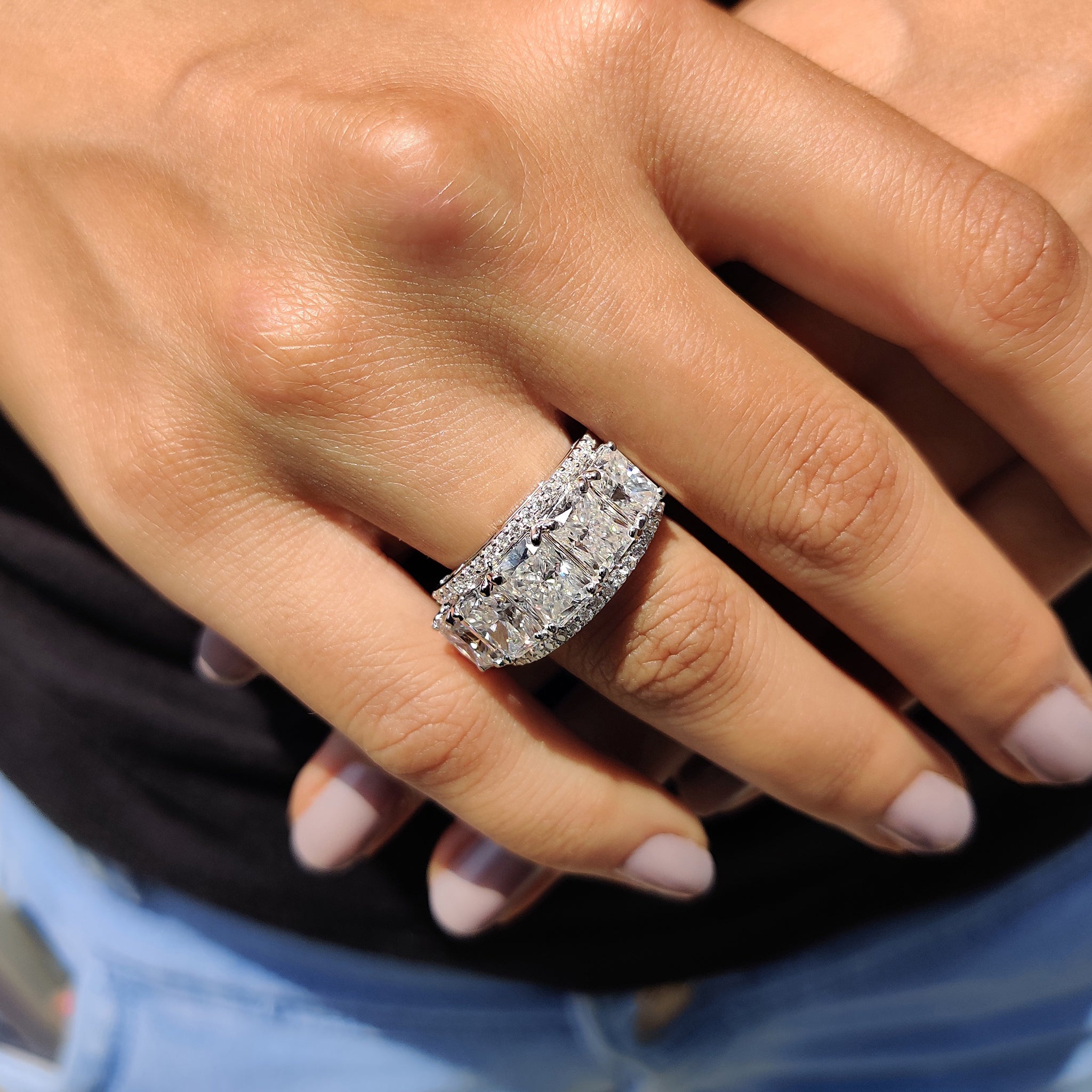 Radiant Cut Wedding Band In Three Row Pave Setting