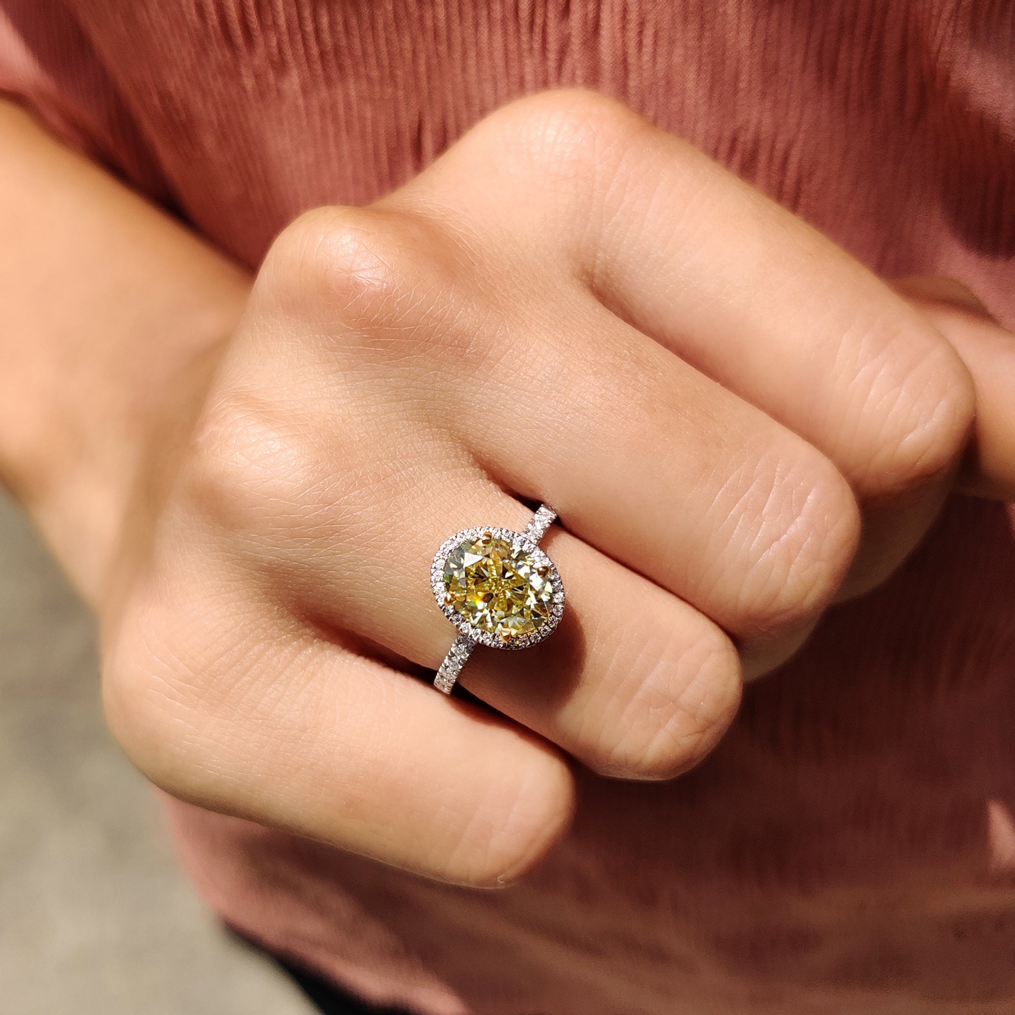 Yellow Oval Cut Engagement Ring With Pave Setting