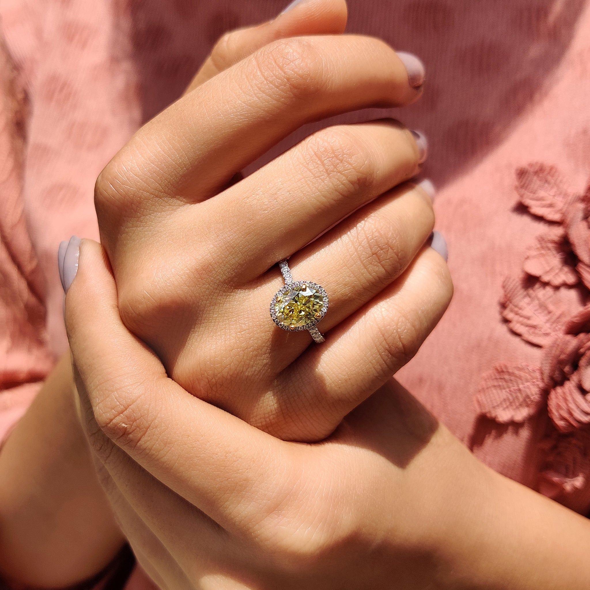 Yellow Oval Cut Engagement Ring With Pave Setting