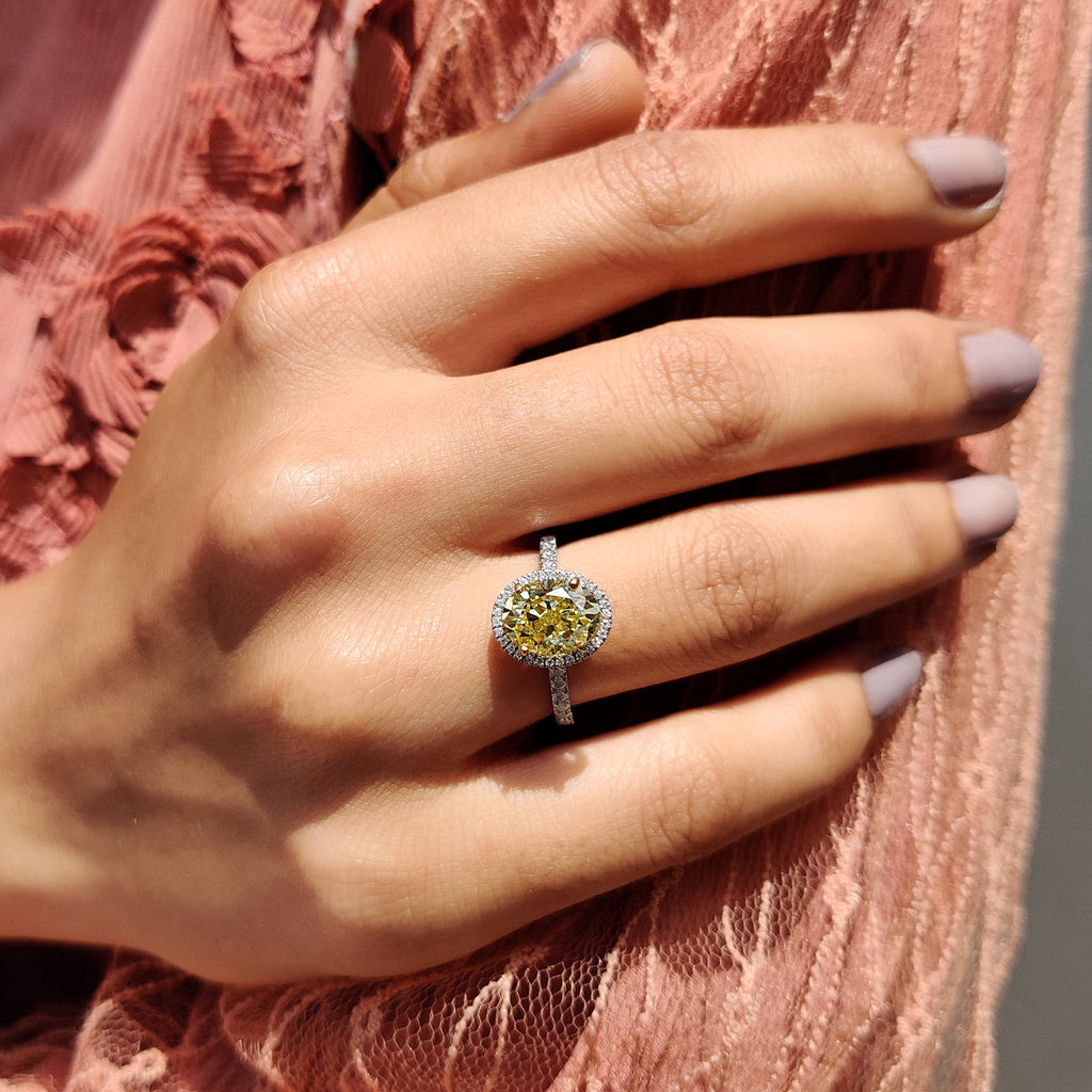 Yellow Oval Cut Engagement Ring With Pave Setting