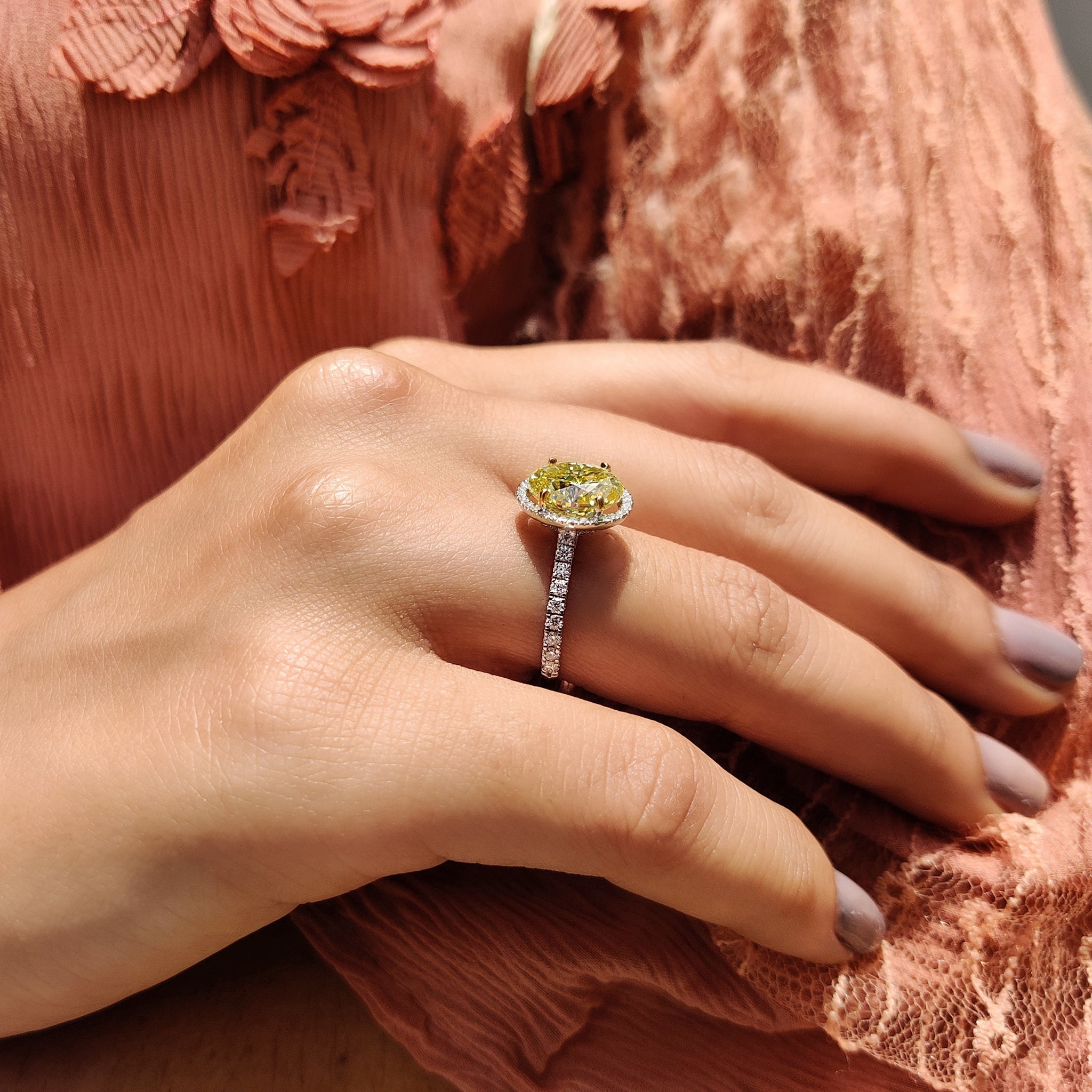 Yellow Oval Cut Engagement Ring With Pave Setting