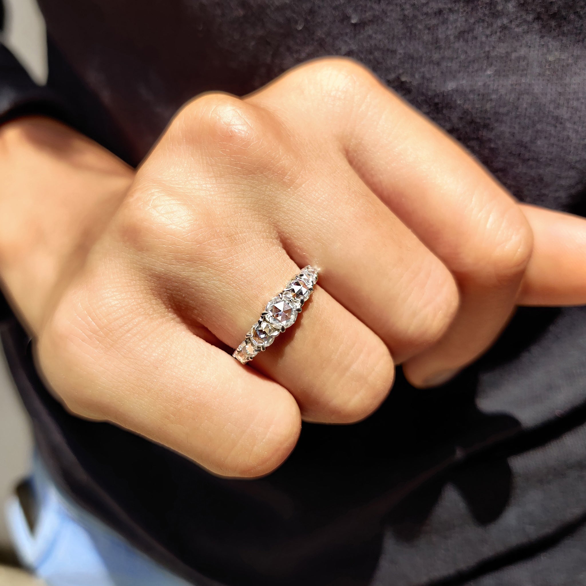 Moissanite 7 Stone Round Rose Cut Ring