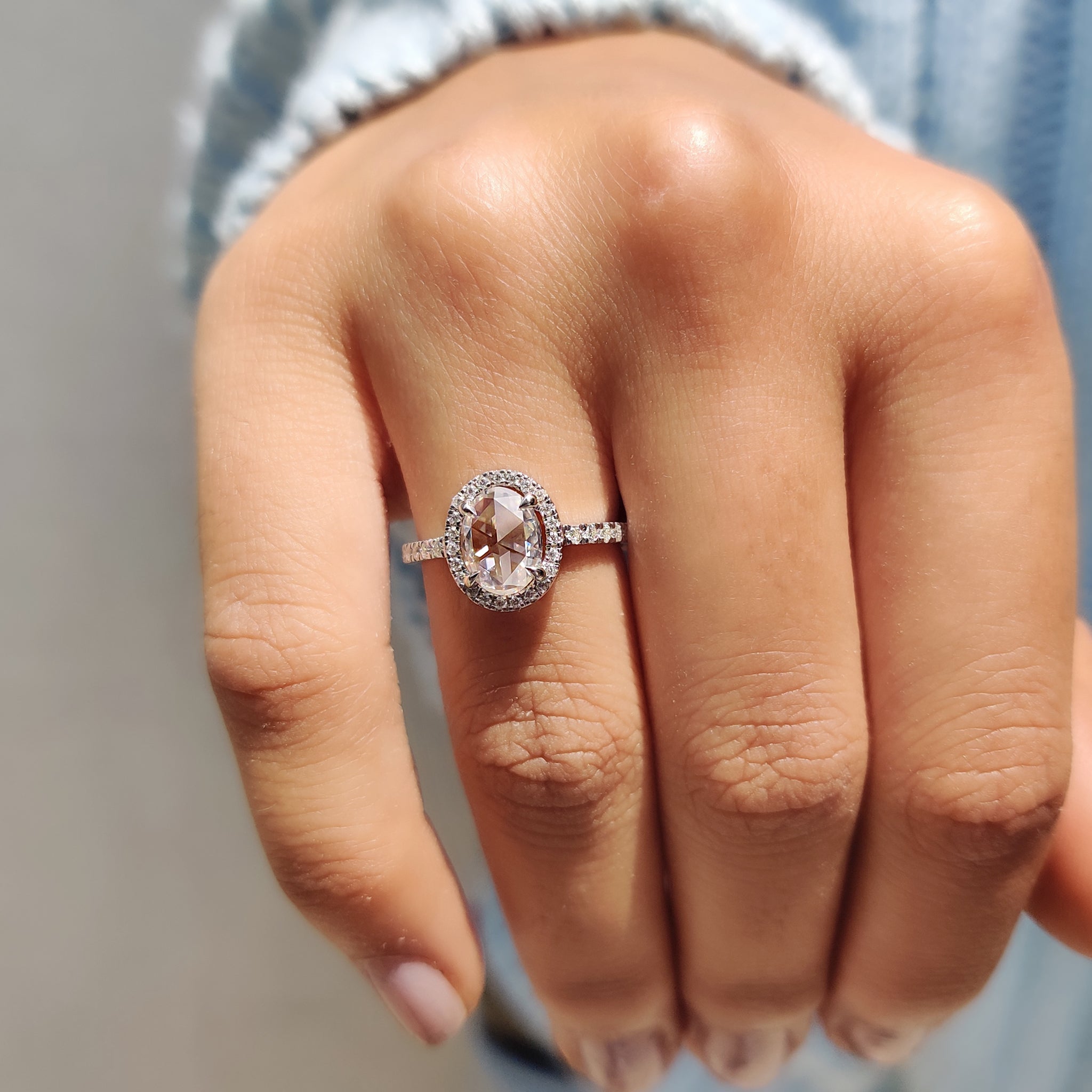 Oval Rose Cut Engagement Ring With Halo Setting