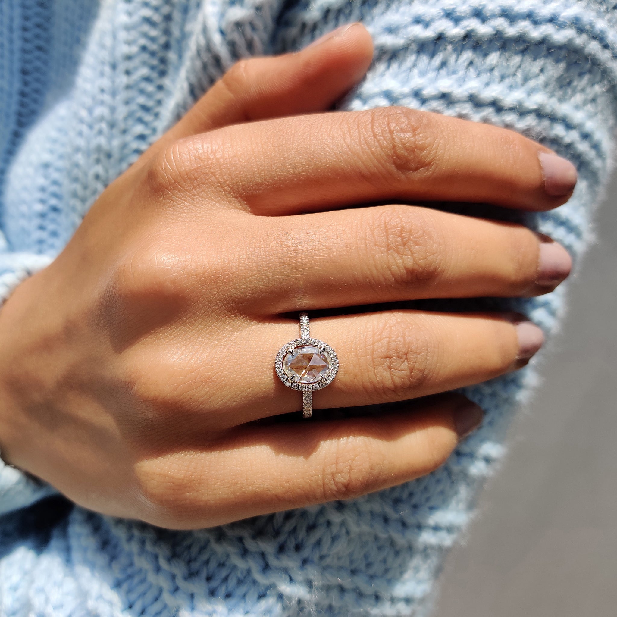 Oval Rose Cut Engagement Ring With Halo Setting