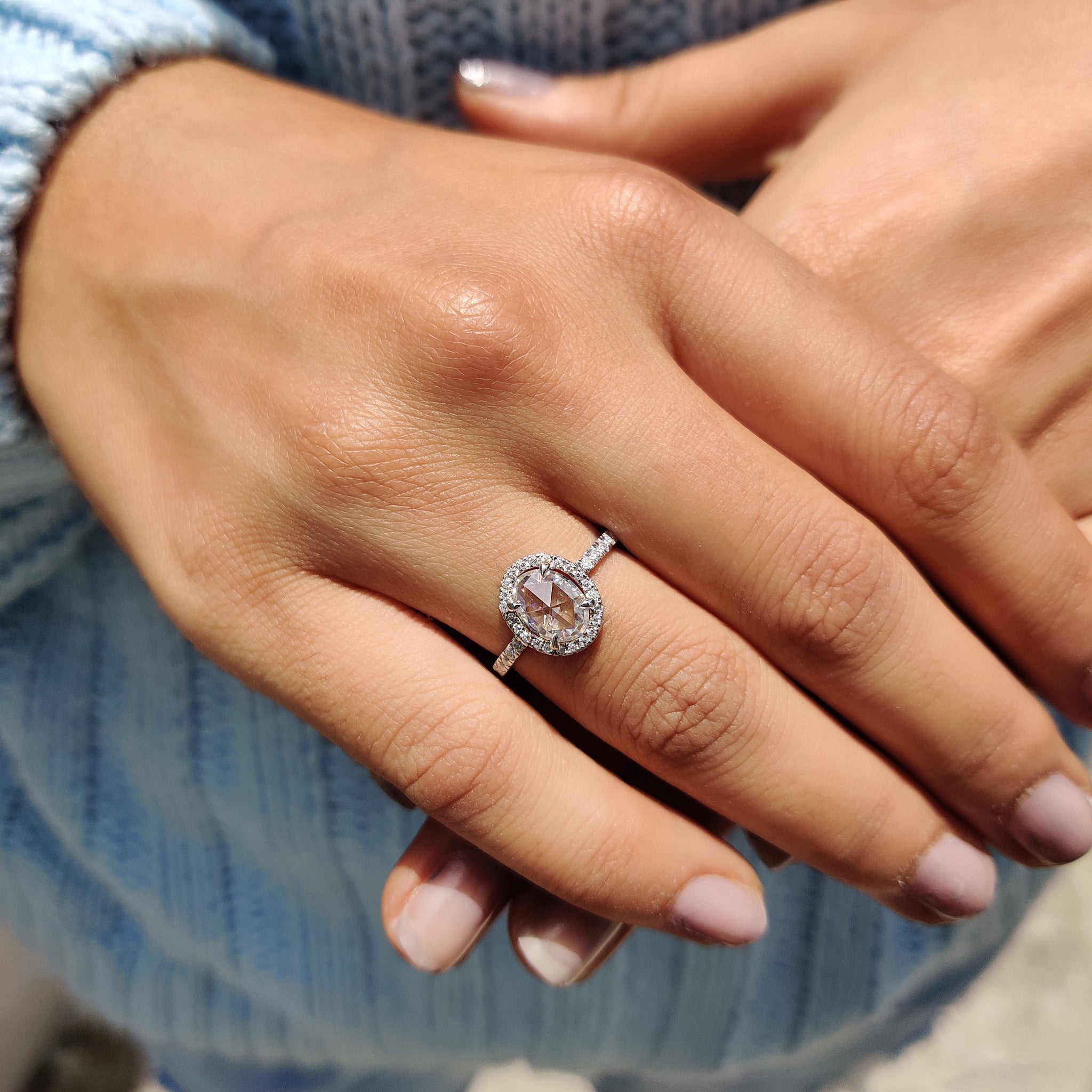 Oval Rose Cut Engagement Ring With Halo Setting Secondary image