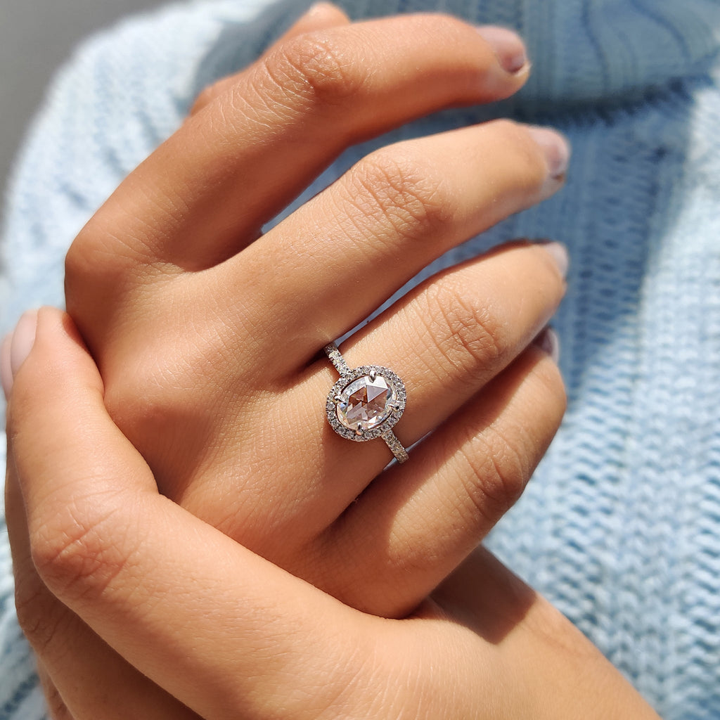 Oval Rose Cut Engagement Ring With Halo Setting
