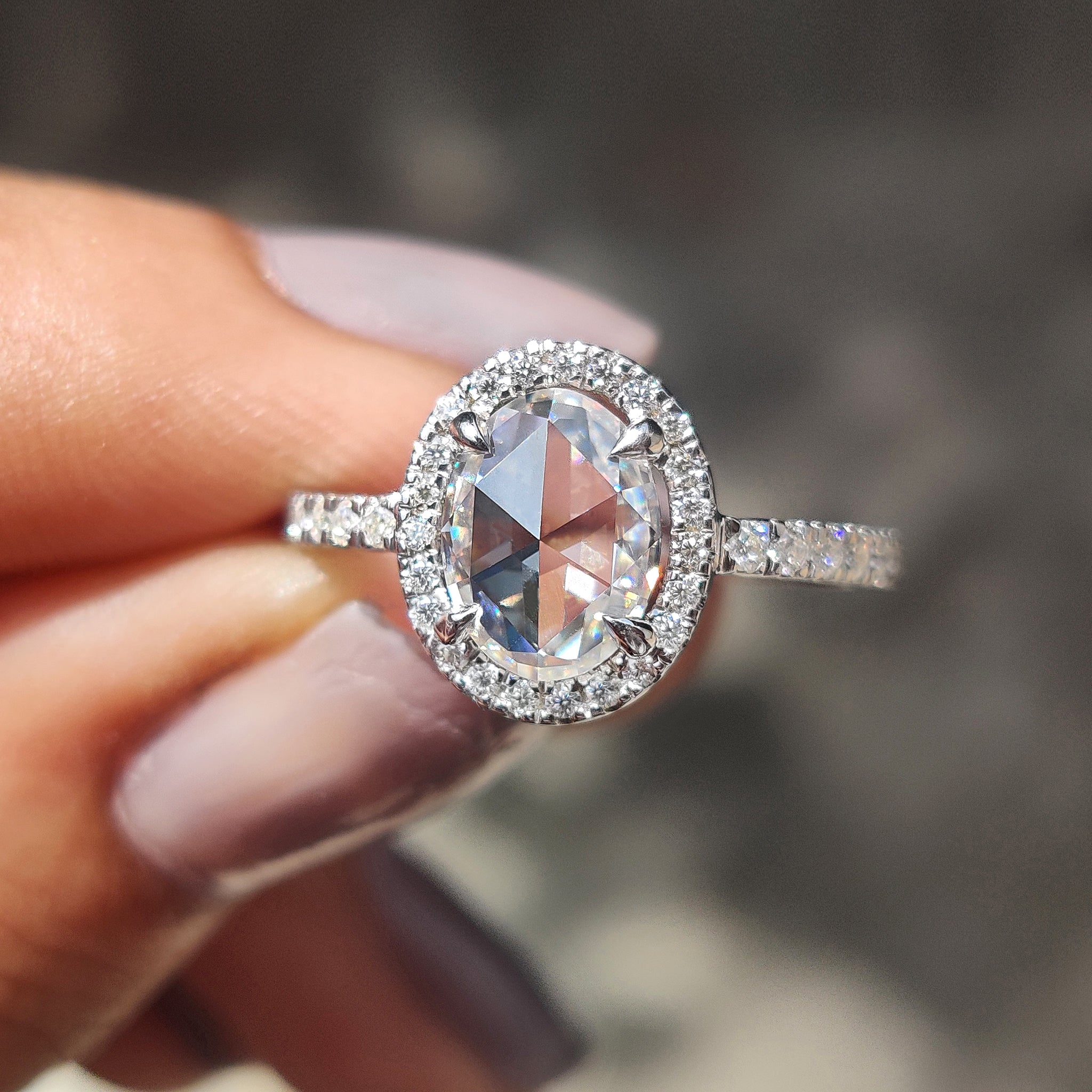 Oval Rose Cut Engagement Ring With Halo Setting Main image