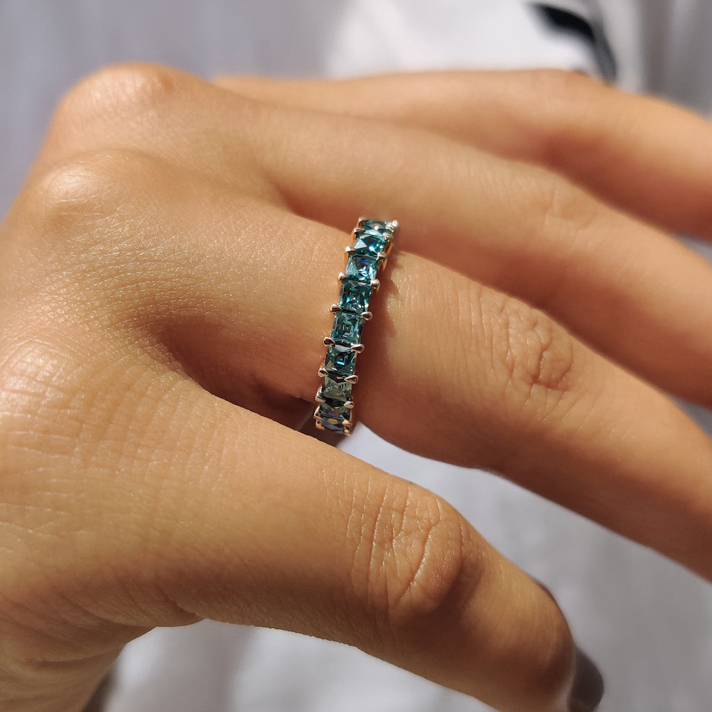 French Cut Semi Eternity Band With Cyan Blue Moissanite