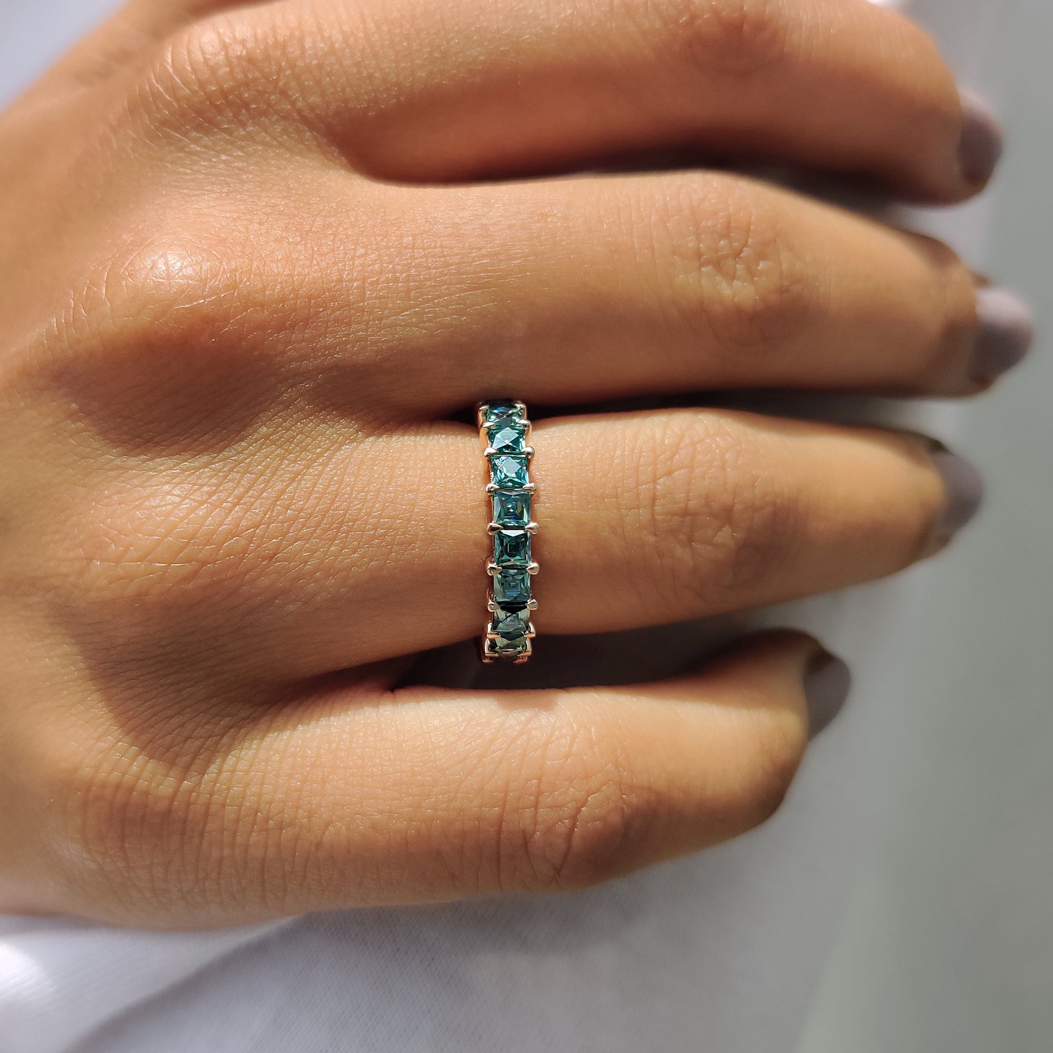French Cut Semi Eternity Band With Cyan Blue Moissanite