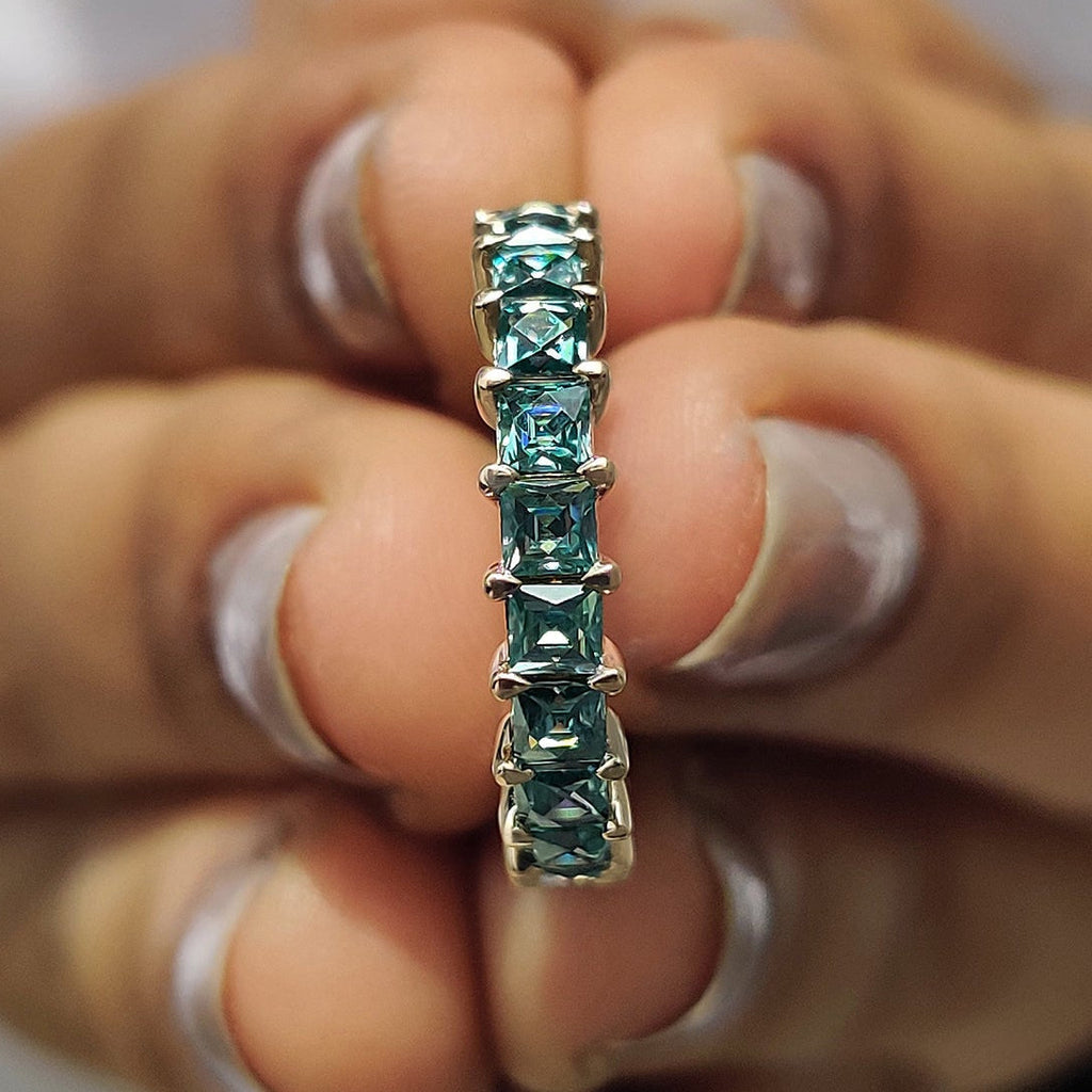 French Cut Semi Eternity Band With Cyan Blue Moissanite