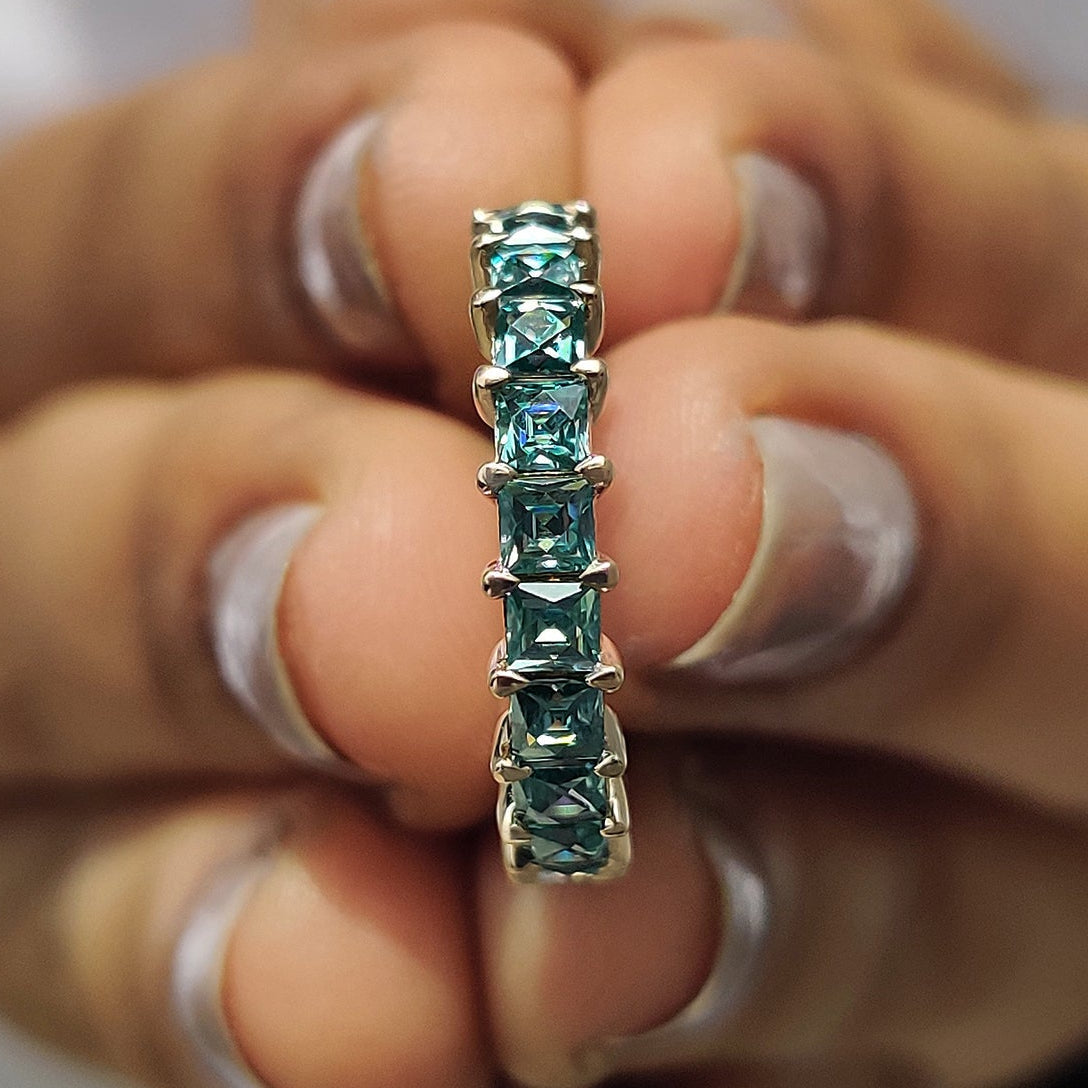 French Cut Semi Eternity Band With Cyan Blue Moissanite
