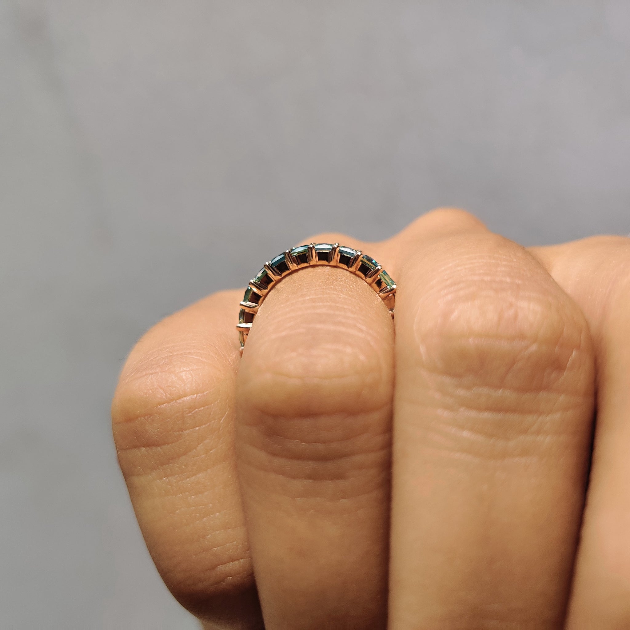 French Cut Semi Eternity Band With Cyan Blue Moissanite
