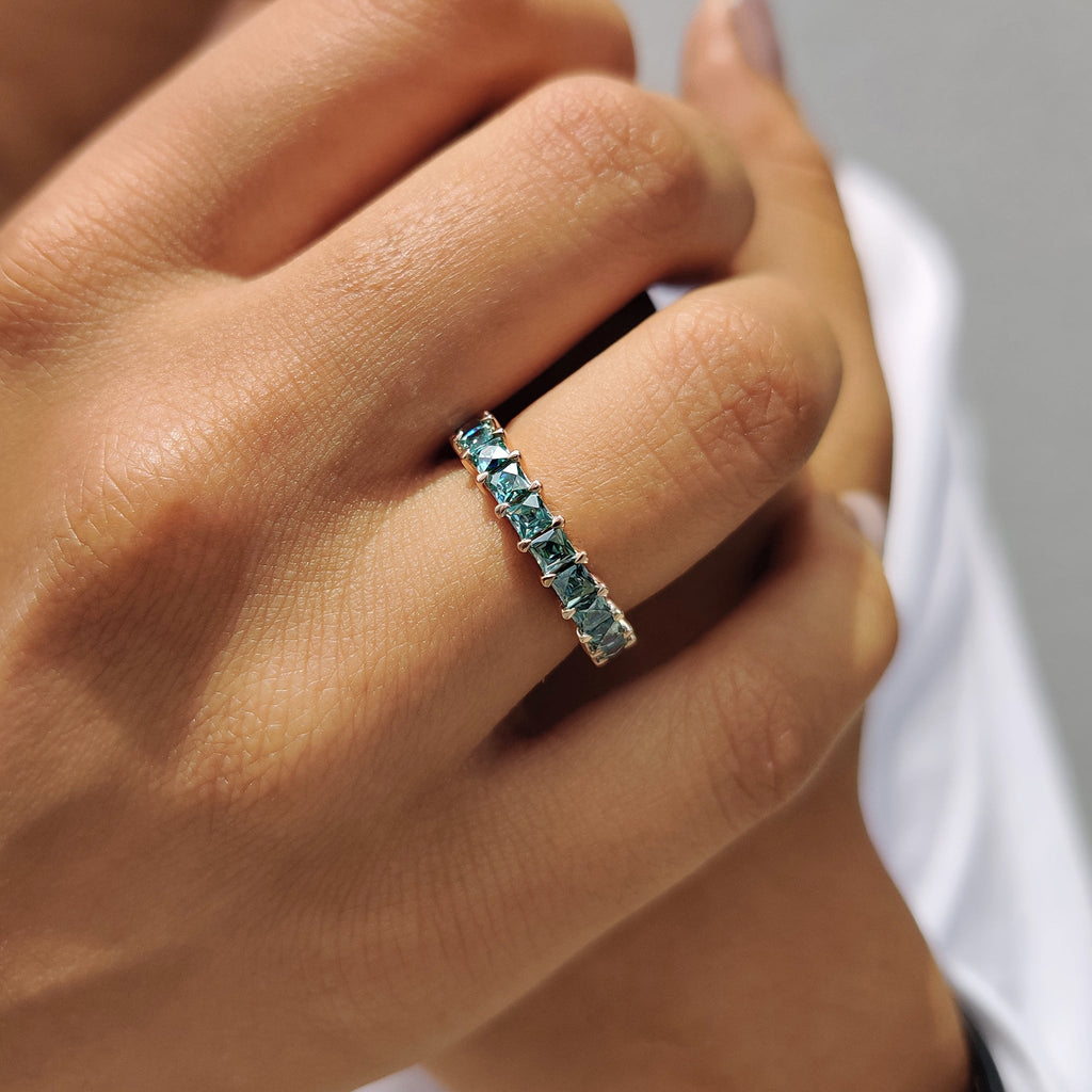 French Cut Semi Eternity Band With Cyan Blue Moissanite