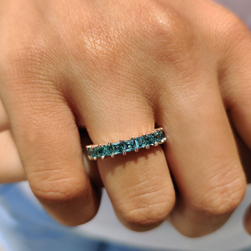 French Cut Semi Eternity Band With Cyan Blue Moissanite