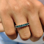 French Cut Semi Eternity Band With Cyan Blue Moissanite