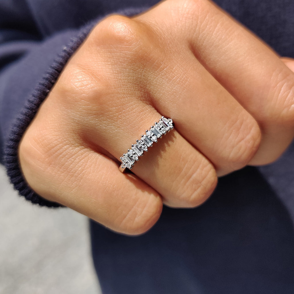 Baguette And Round Wedding Band With Prong Set For Women