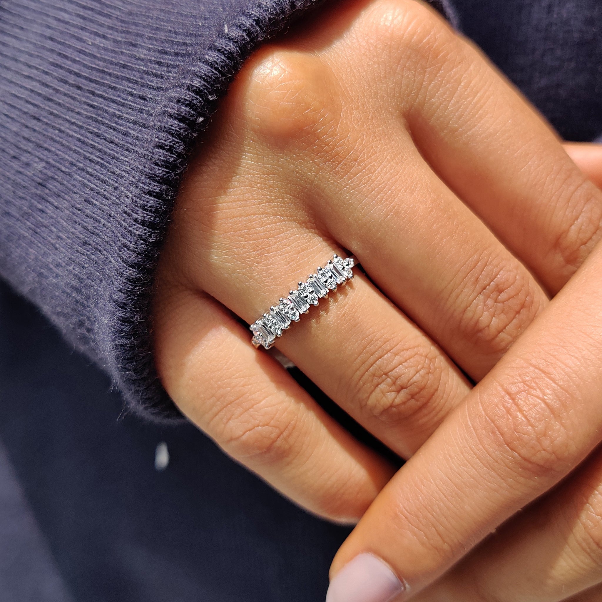 Baguette And Round Wedding Band With Prong Set For Women