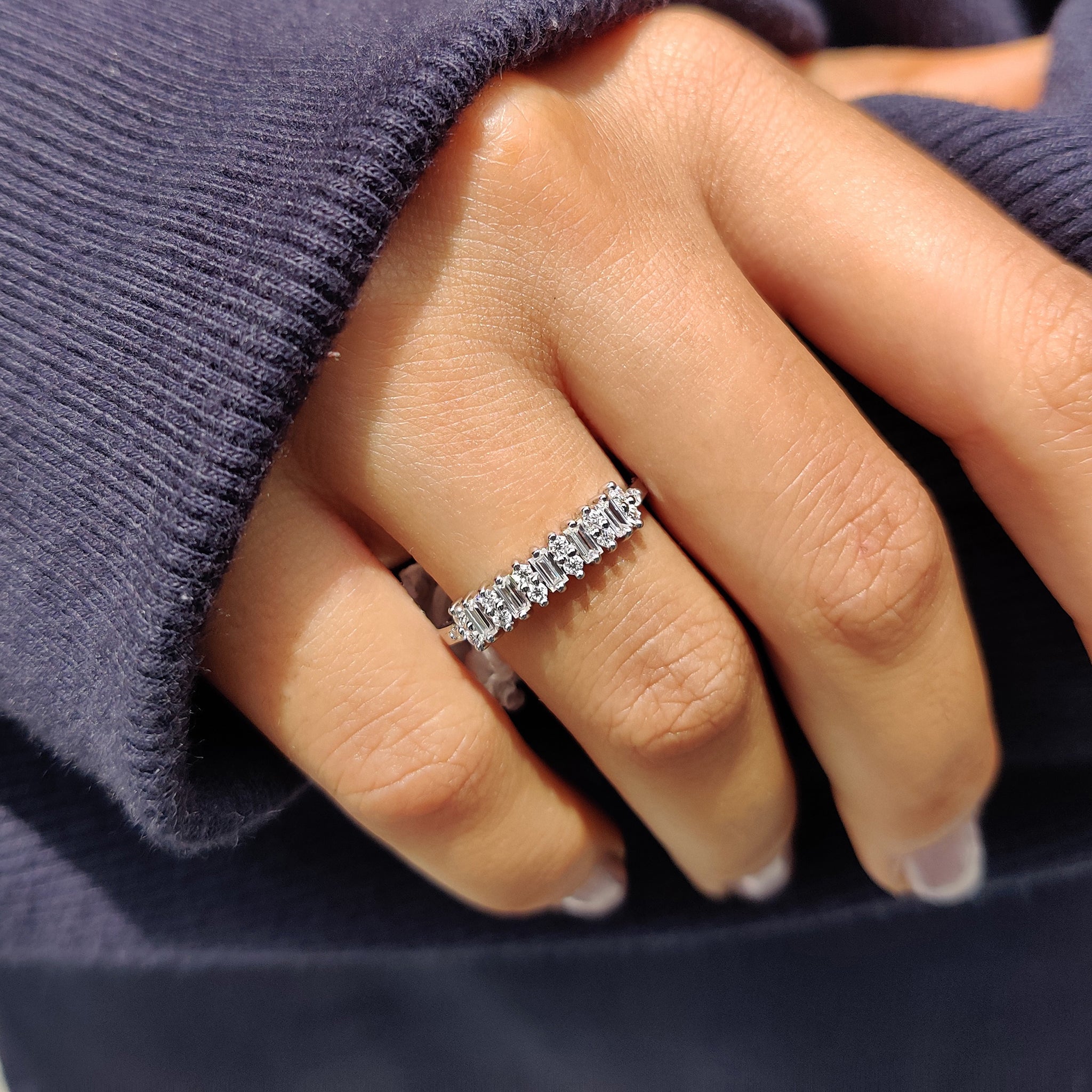 Baguette And Round Wedding Band With Prong Set For Women