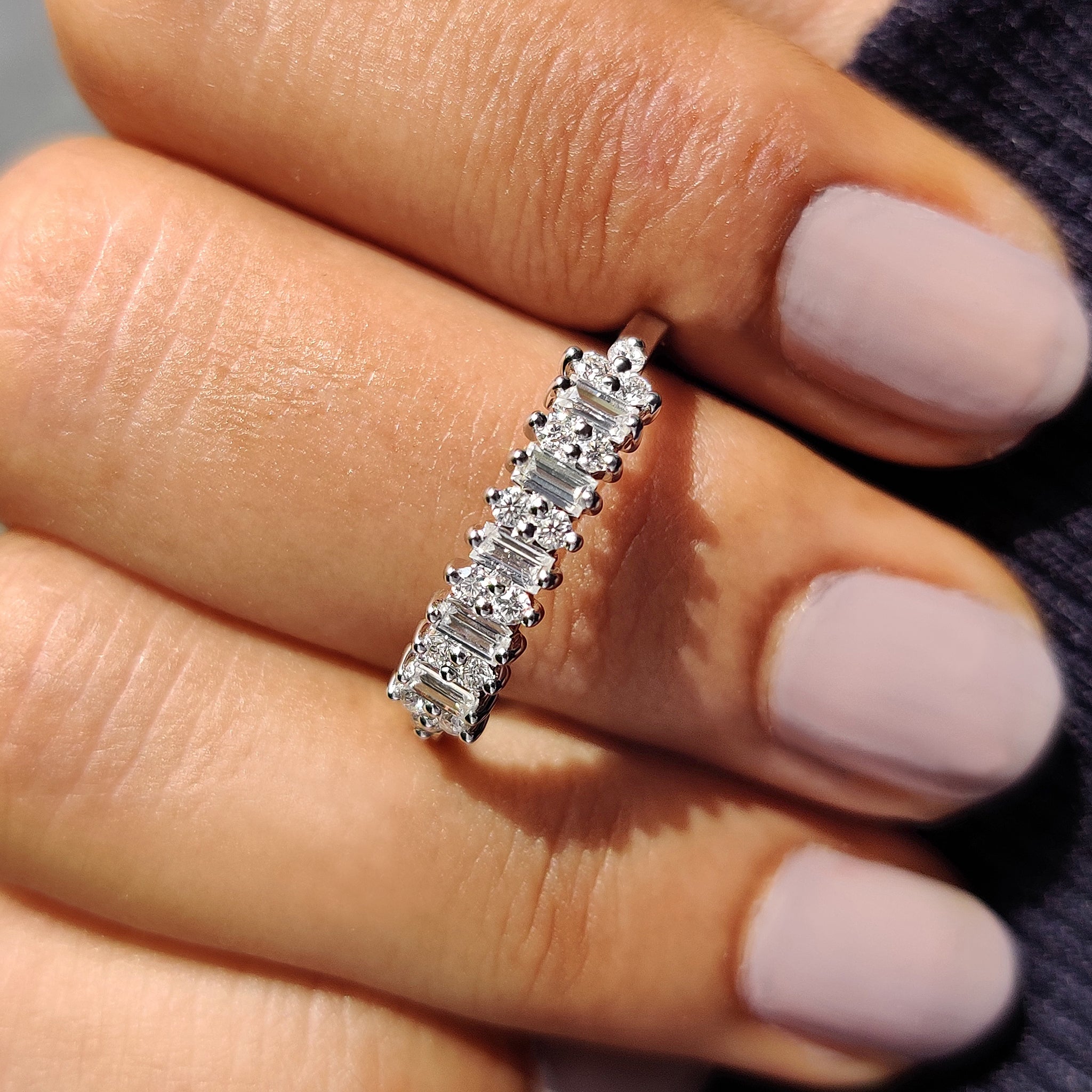 Baguette And Round Wedding Band With Prong Set For Women