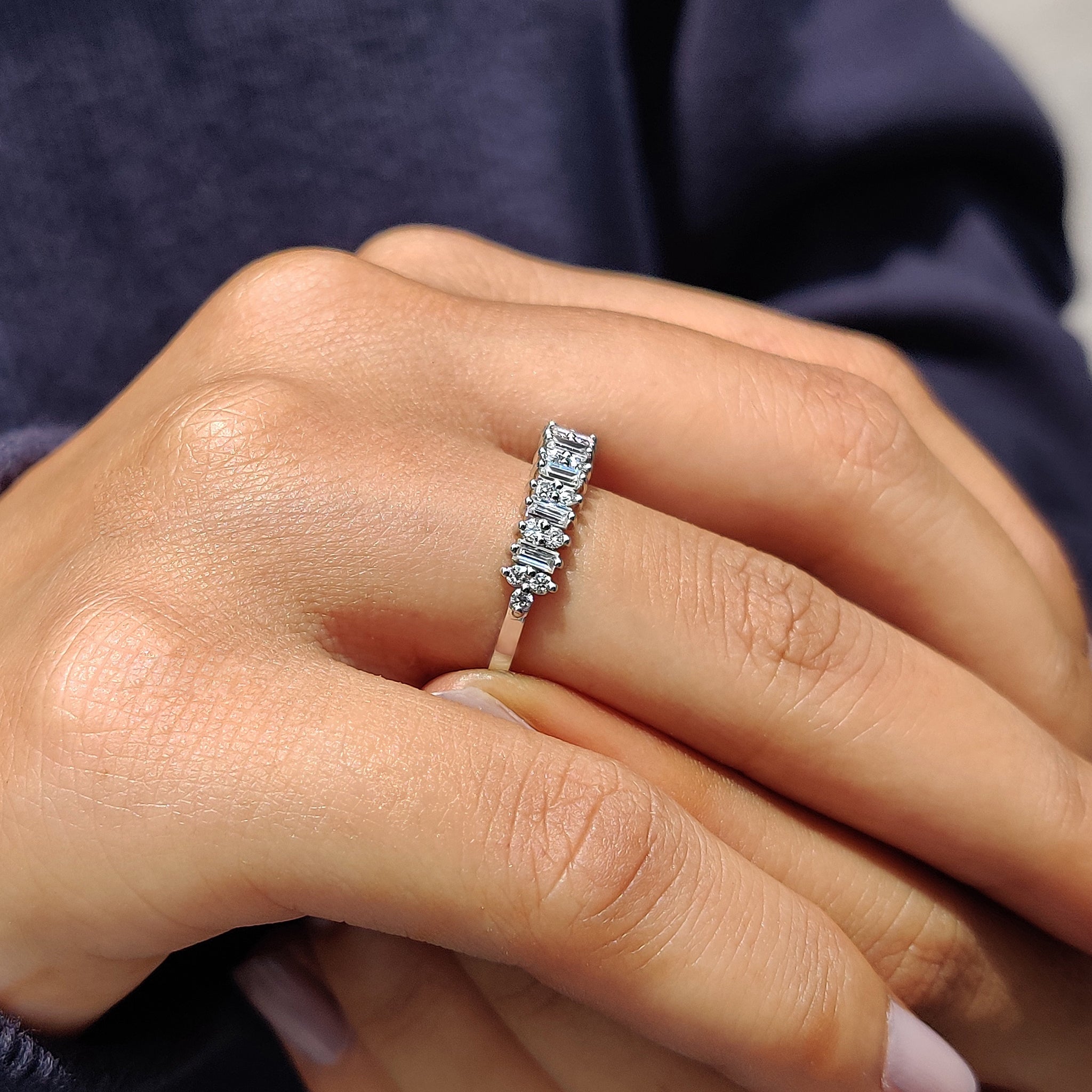 Baguette And Round Wedding Band With Prong Set For Women