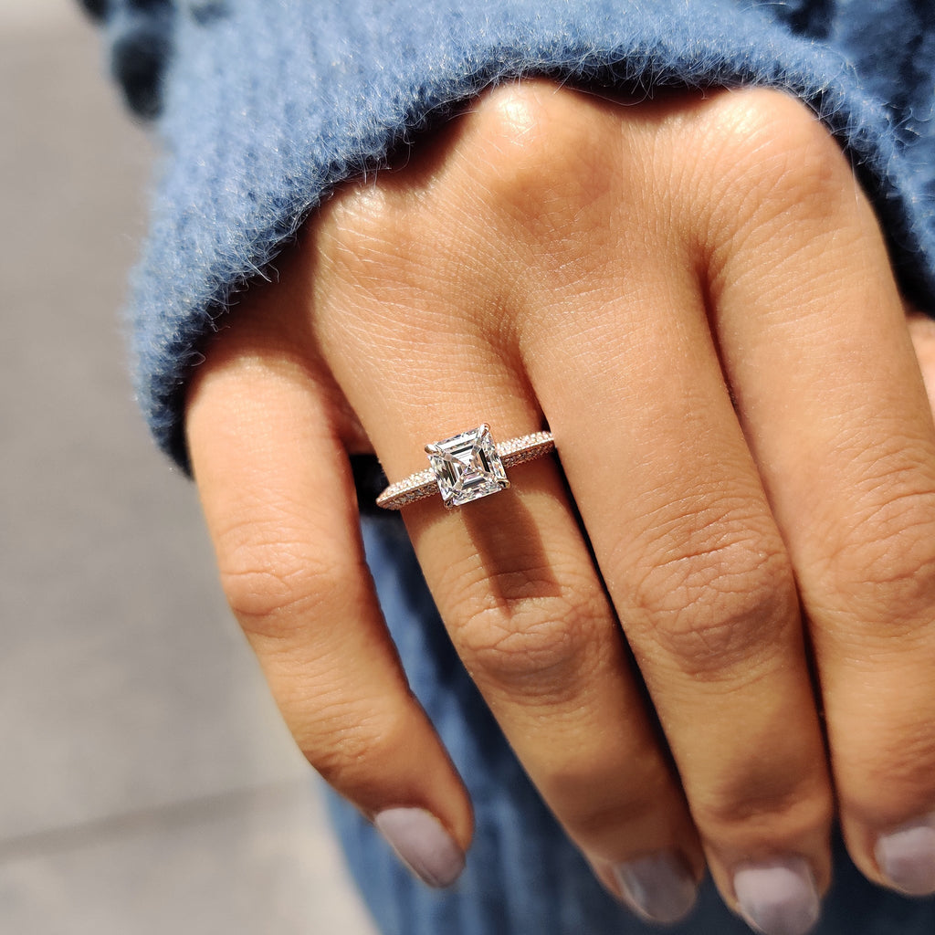 Two Side Pave Asscher Cut Engagement Ring