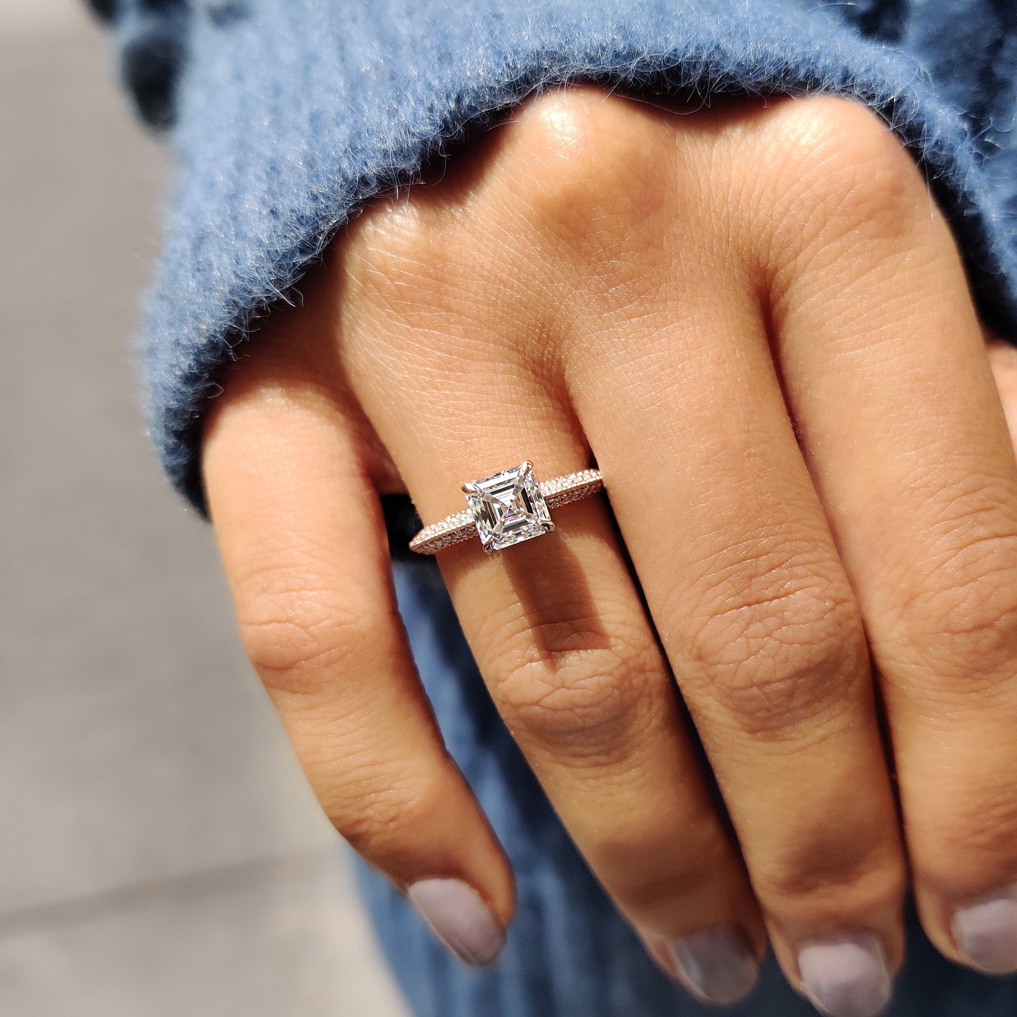 Two Side Pave Asscher Cut Engagement Ring