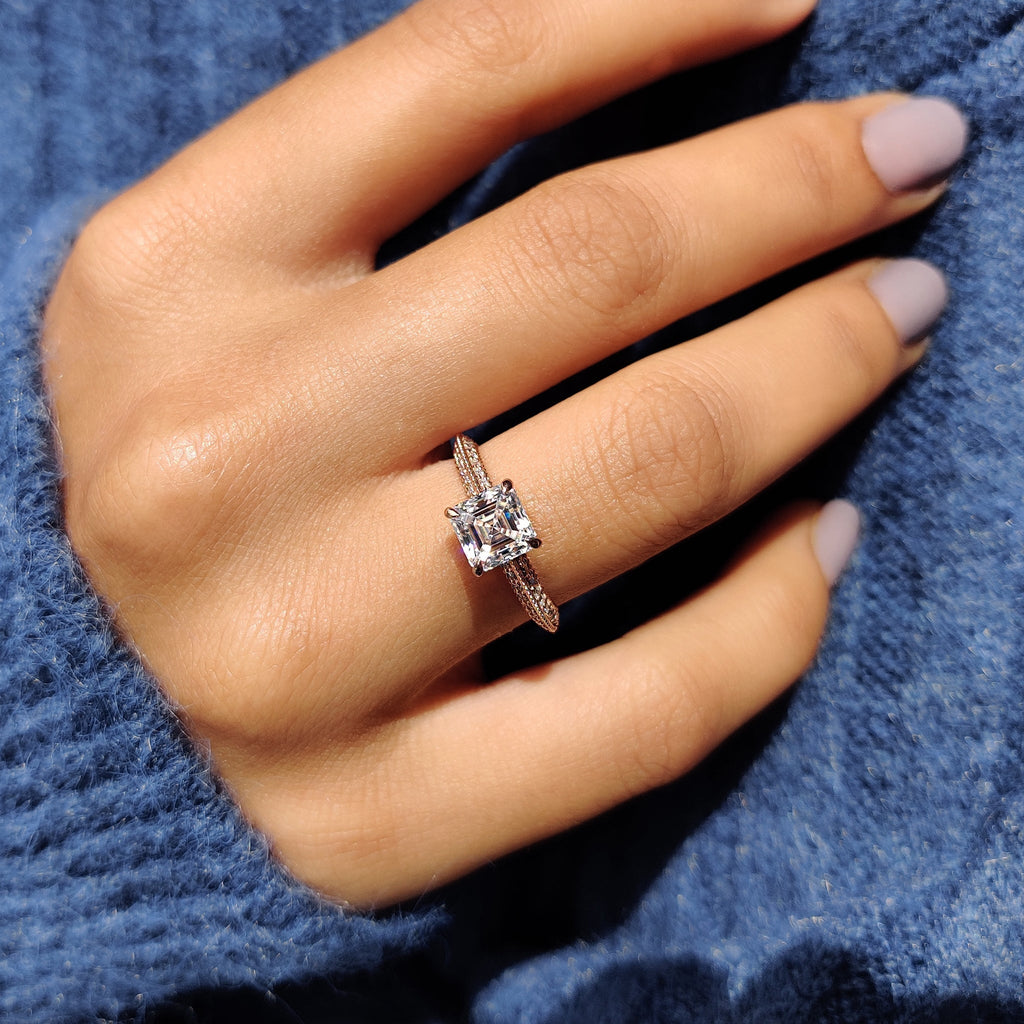 Two Side Pave Asscher Cut Engagement Ring