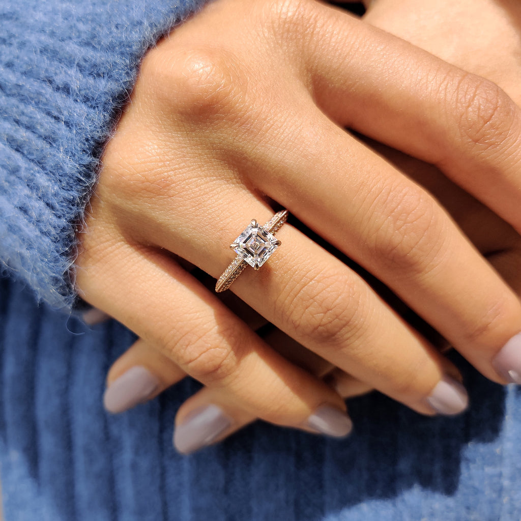 Two Side Pave Asscher Cut Engagement Ring