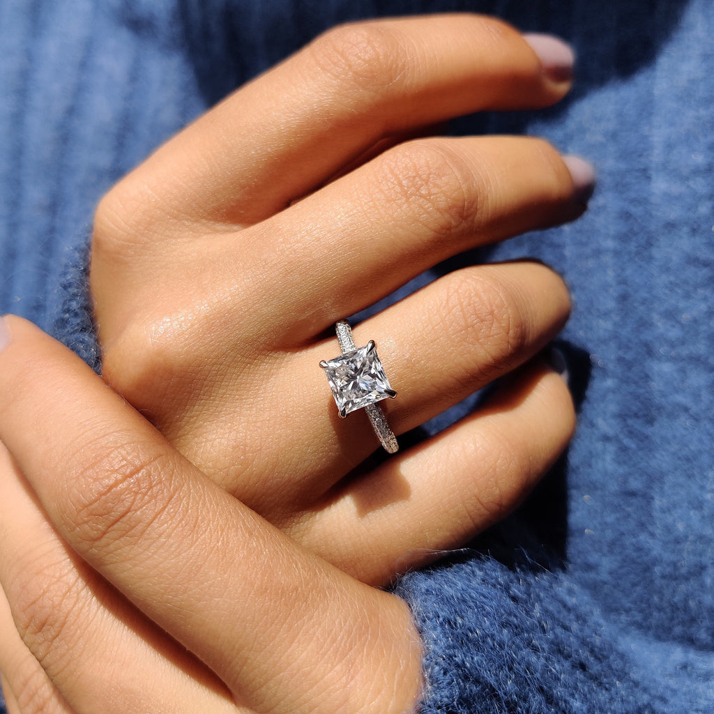 Three Side Pave Princess Cut Moissanite Ring