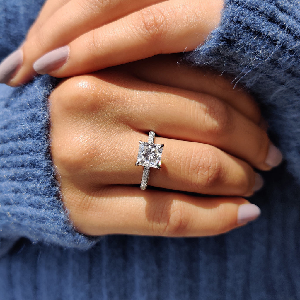 Three Side Pave Princess Cut Moissanite Ring