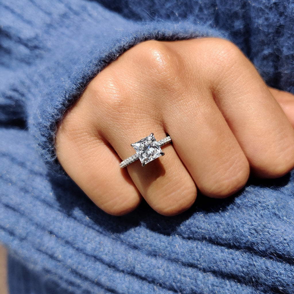 Three Side Pave Princess Cut Moissanite Ring