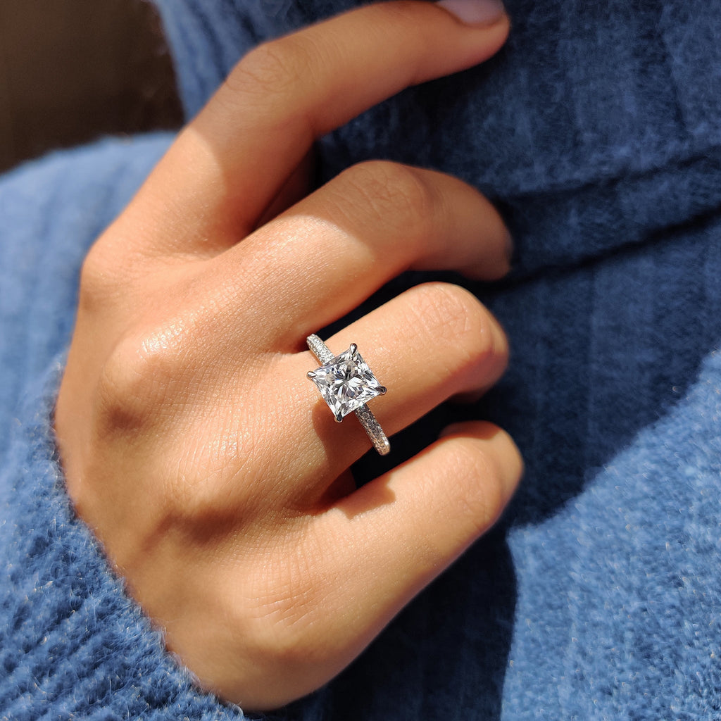 Three Side Pave Princess Cut Moissanite Ring