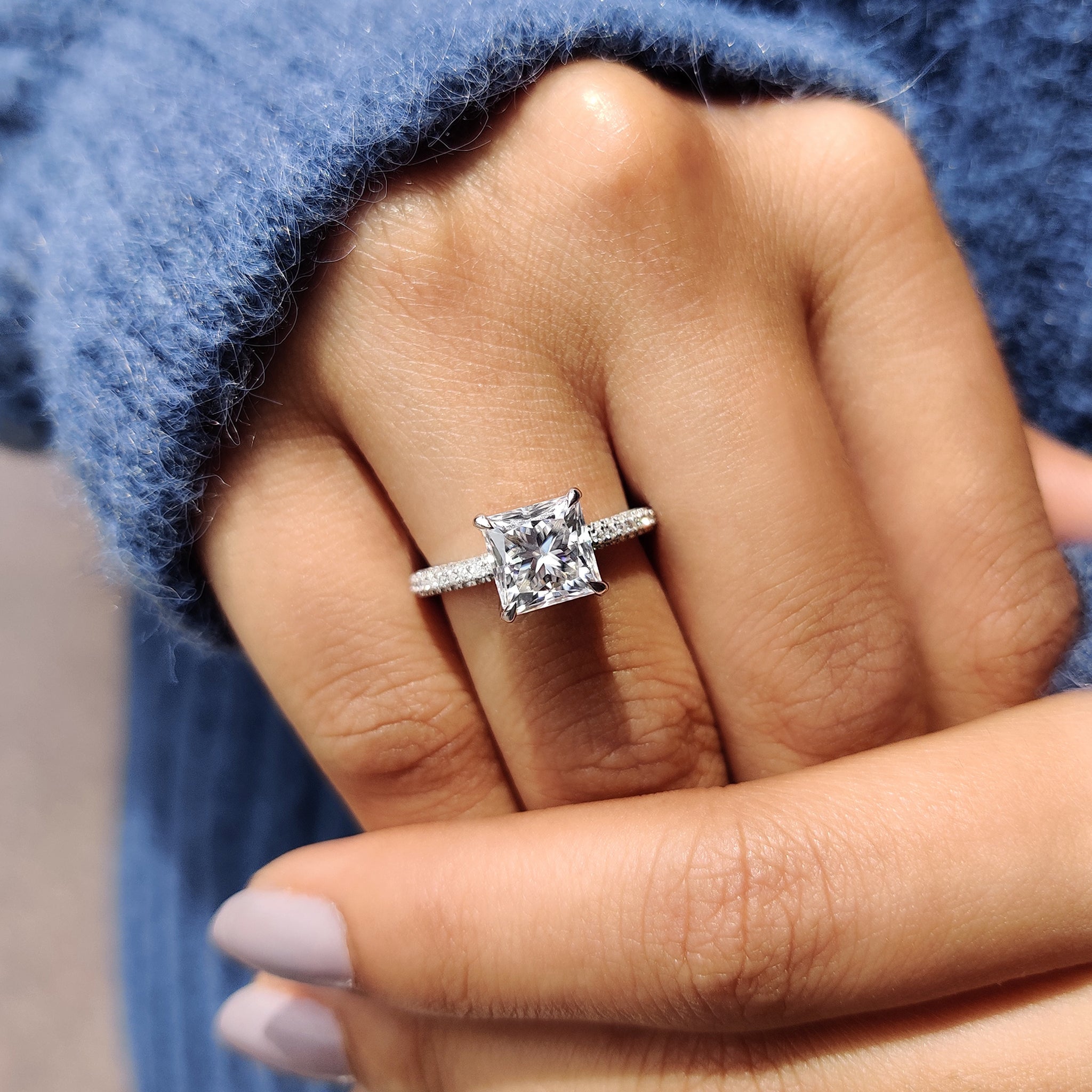 Three Side Pave Princess Cut Moissanite Ring