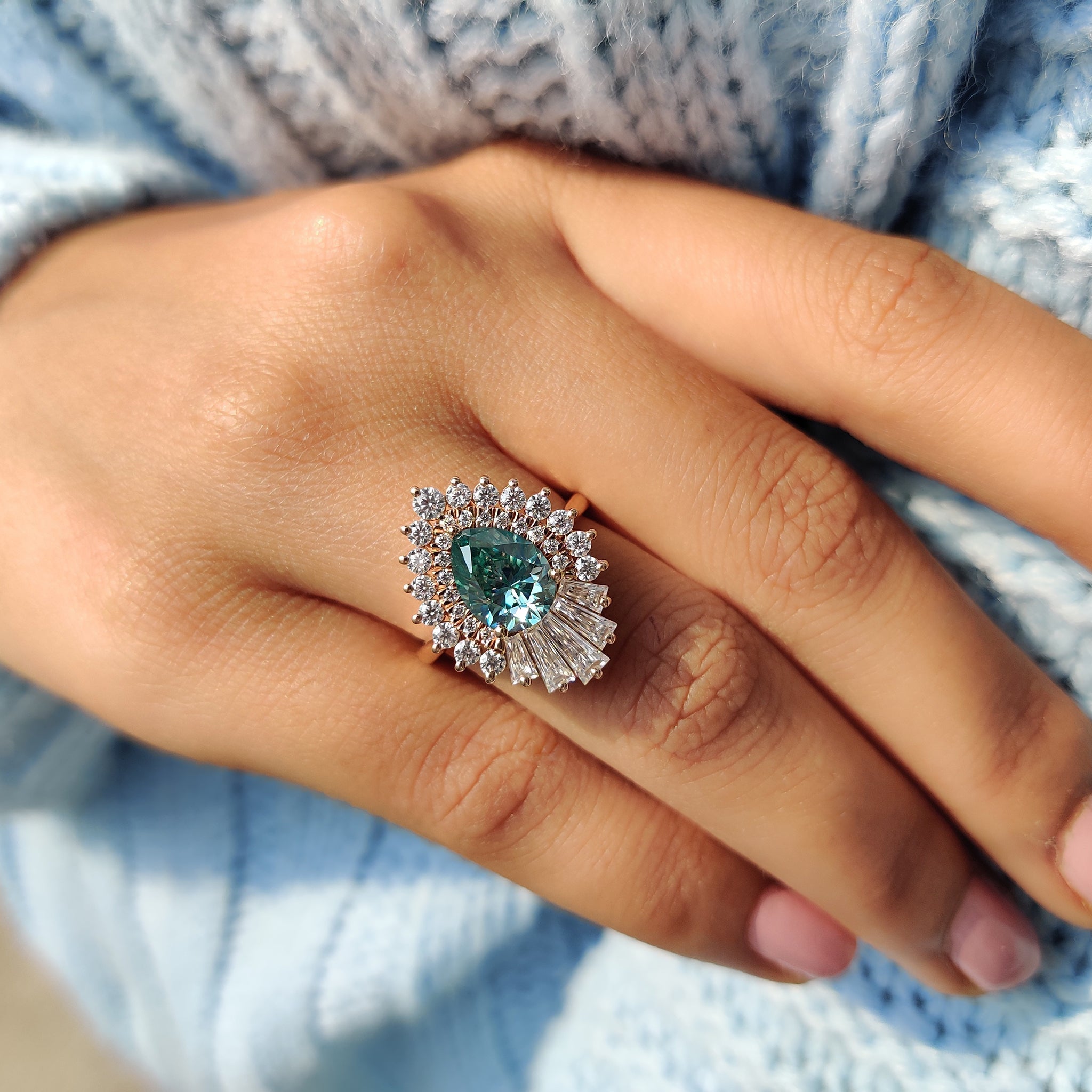 Pear Shaped Engagement Ring In Cyan Blue Stone