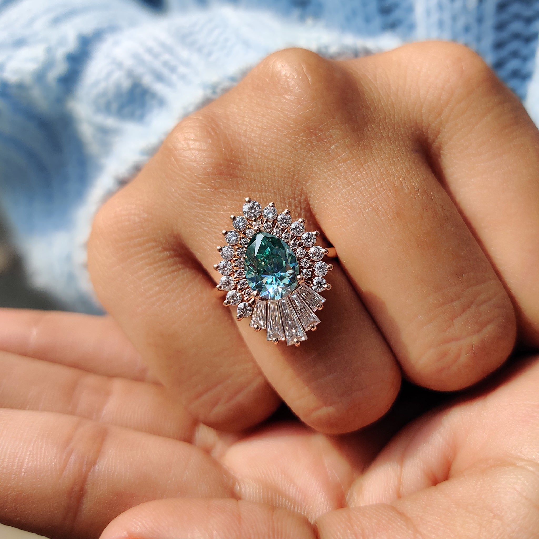 Pear Shaped Engagement Ring In Cyan Blue Stone